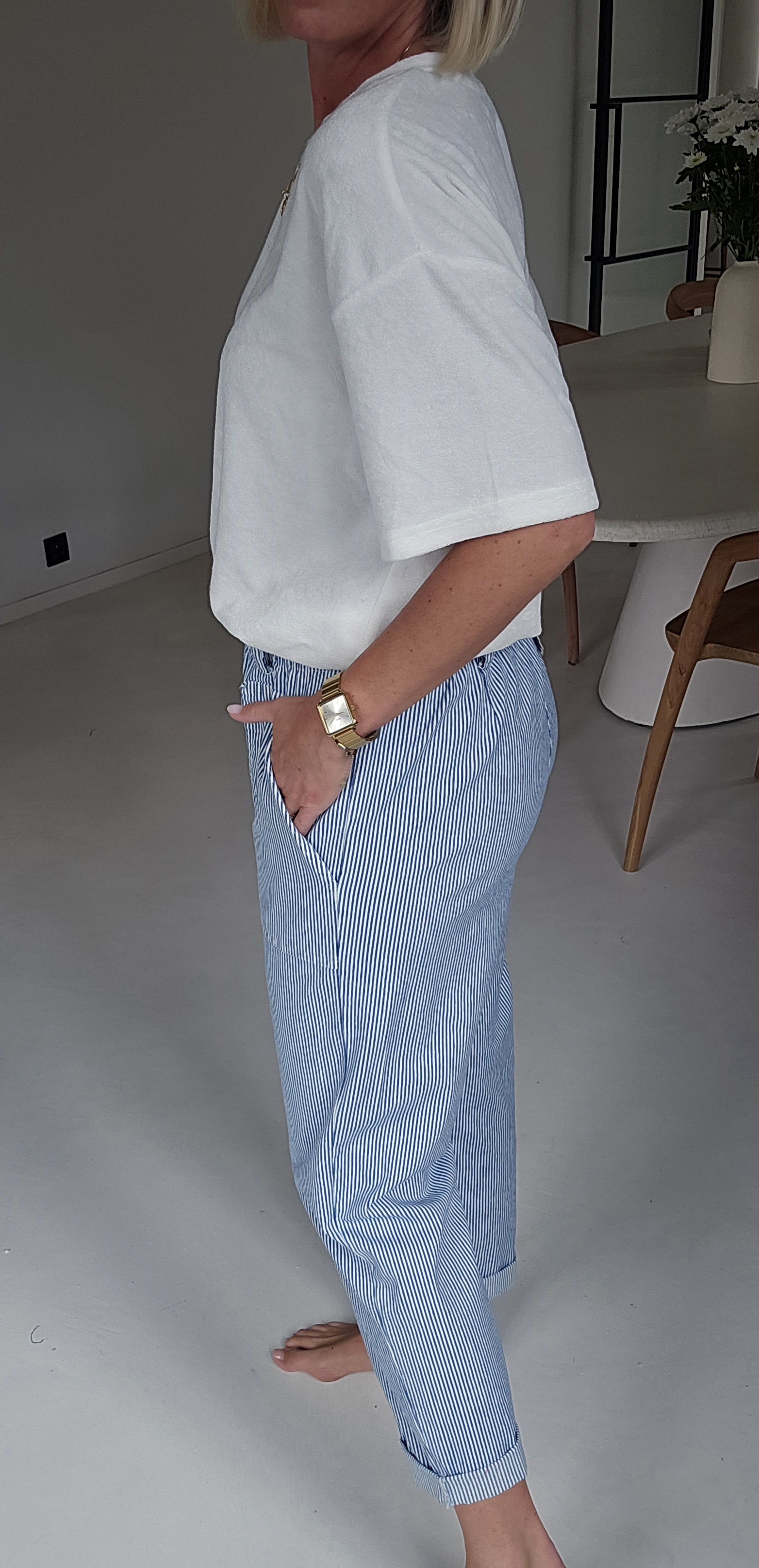 BEVIN cotton striped paperbag pants