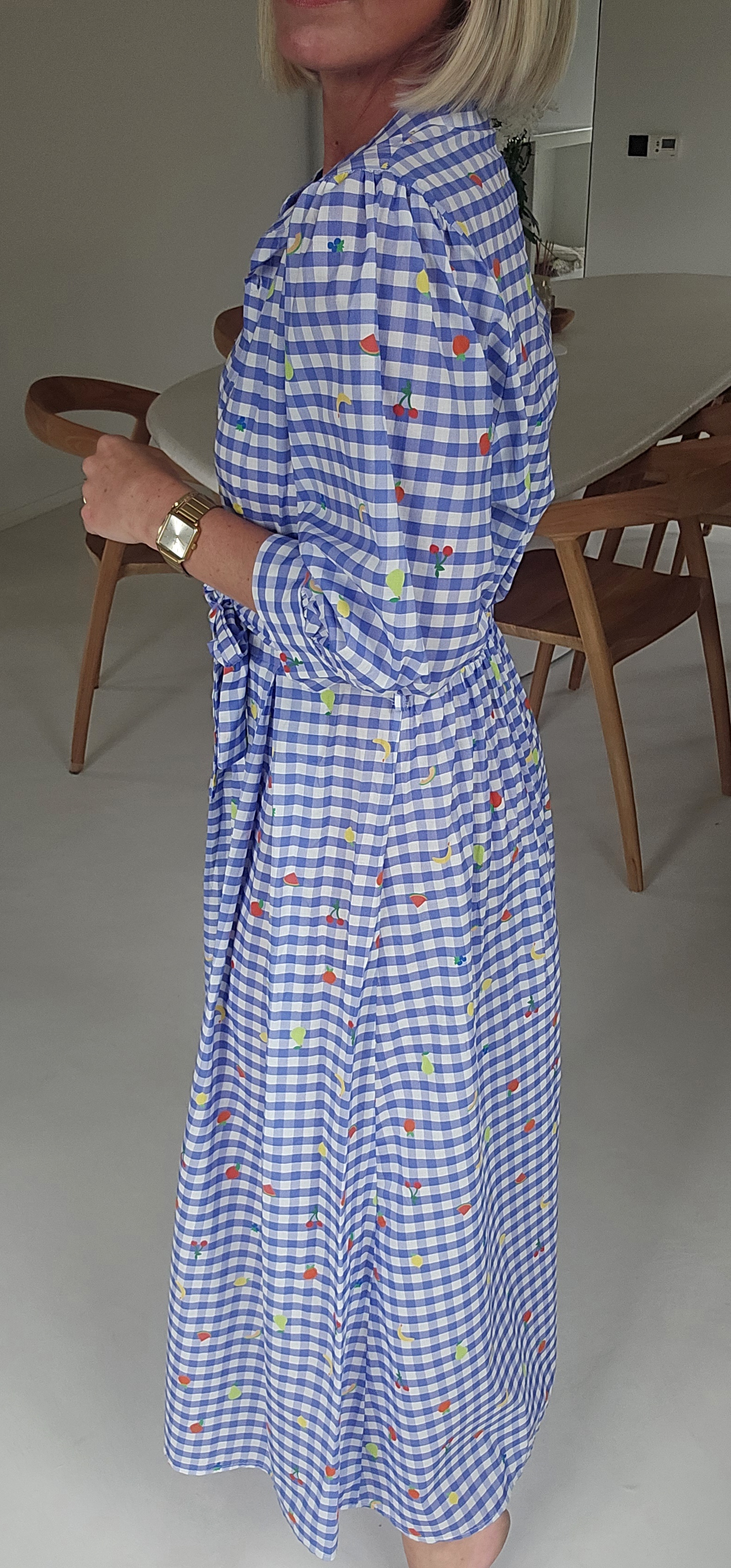 FLOWER maxi cotton dress checkered blue