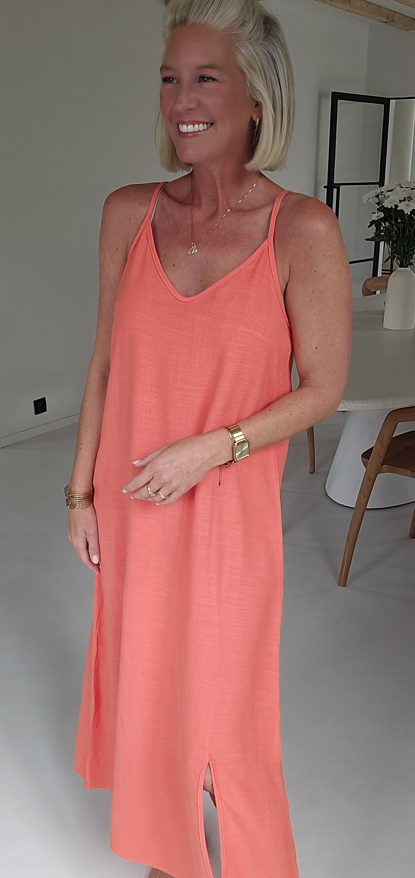ROMINE maxi viscose linen dress coral