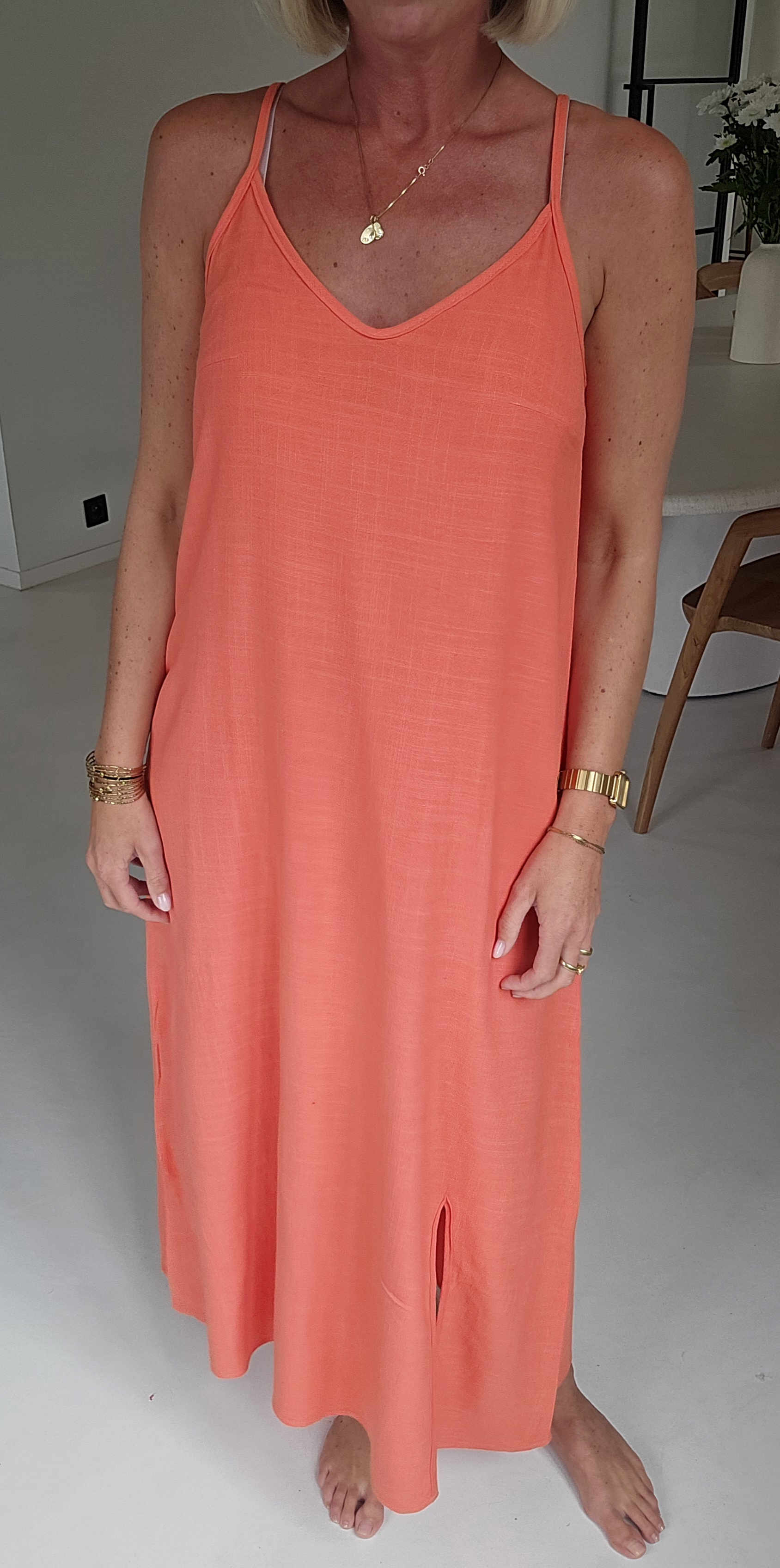 ROMINE maxi viscose linen dress coral