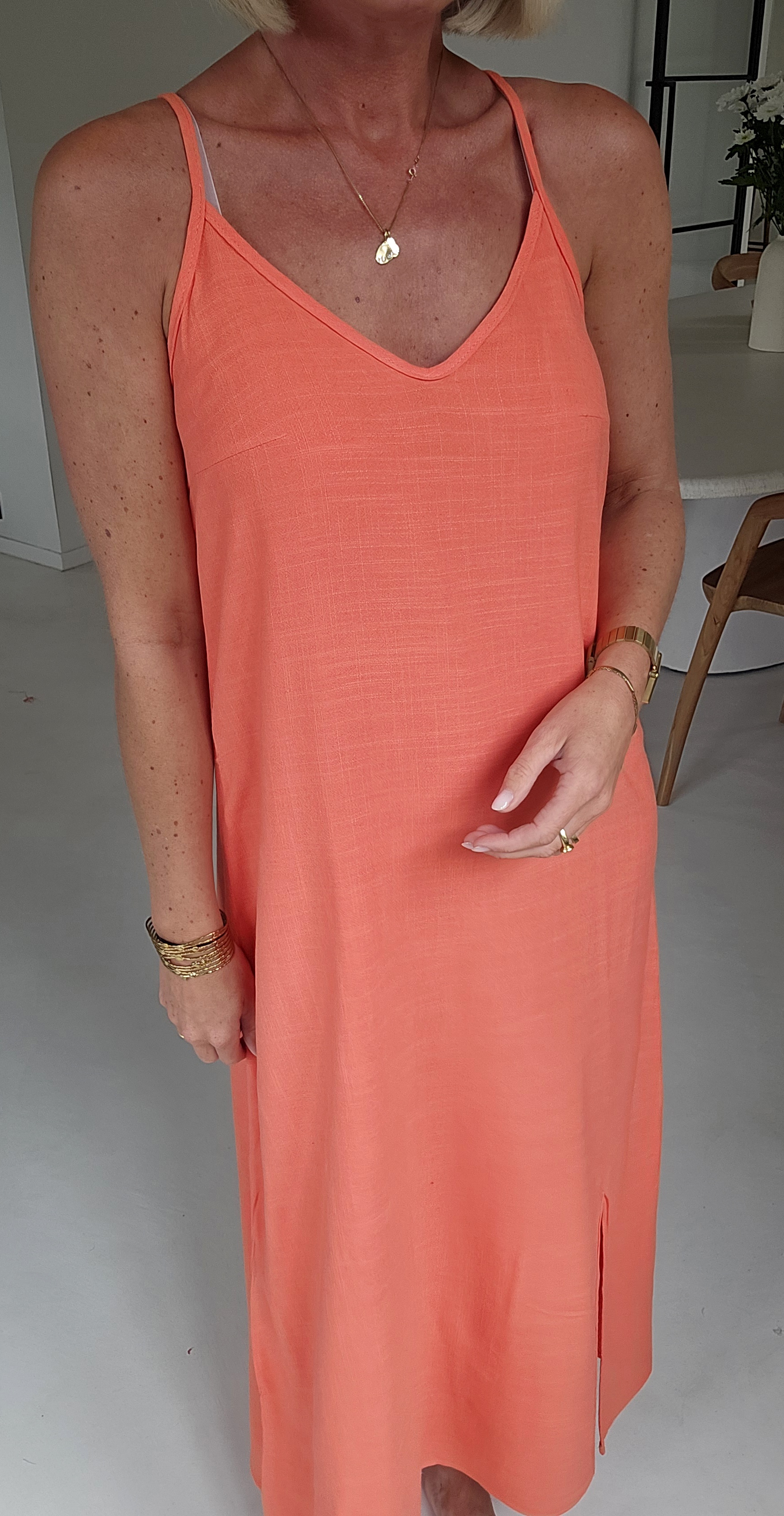 ROMINE maxi viscose linen dress coral
