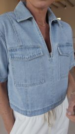 SAM short-sleeved cropped jeans shirt soft blue