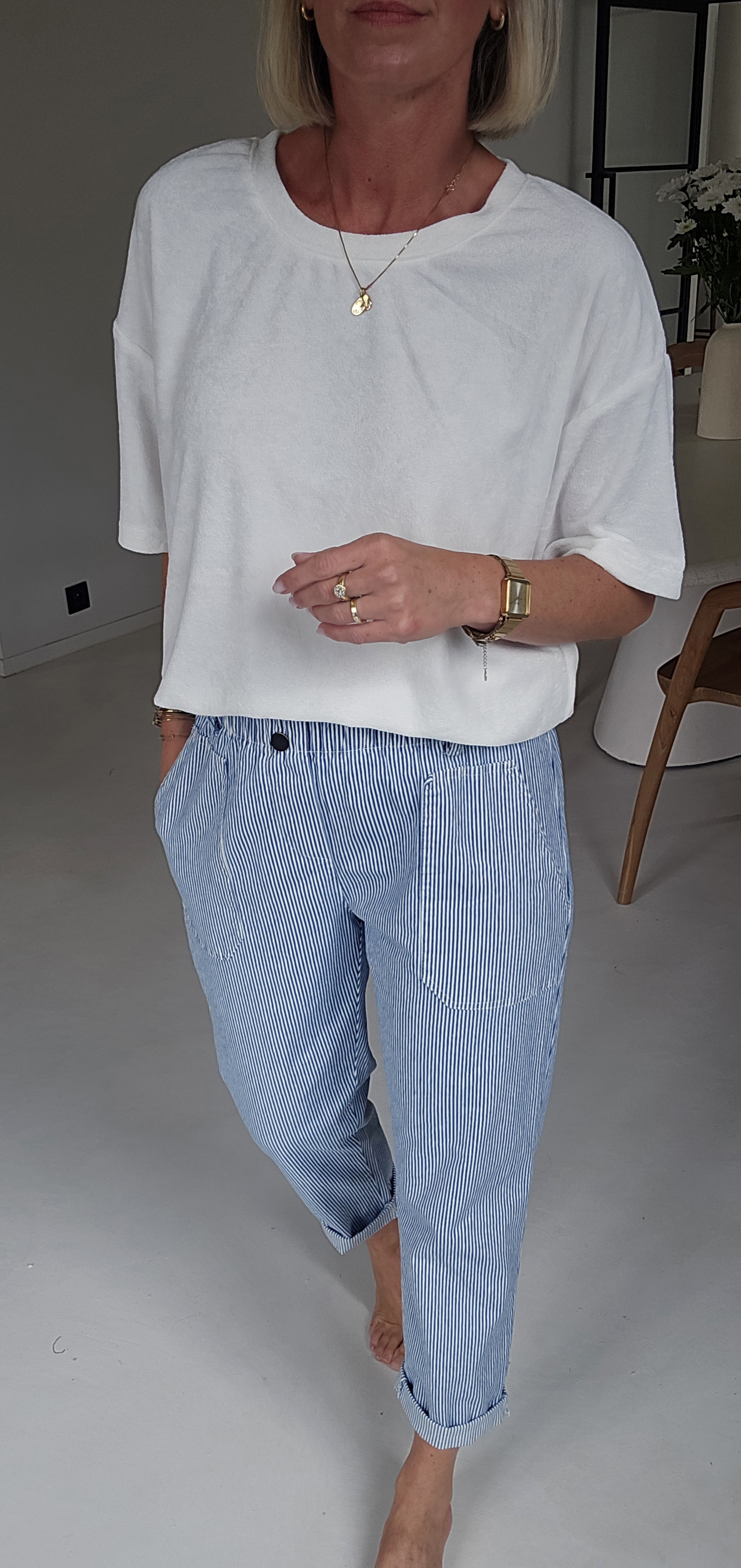 BEVIN cotton striped paperbag pants