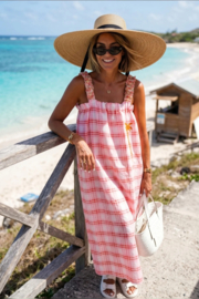 CEMI maxi cotton dress checkered pink and red