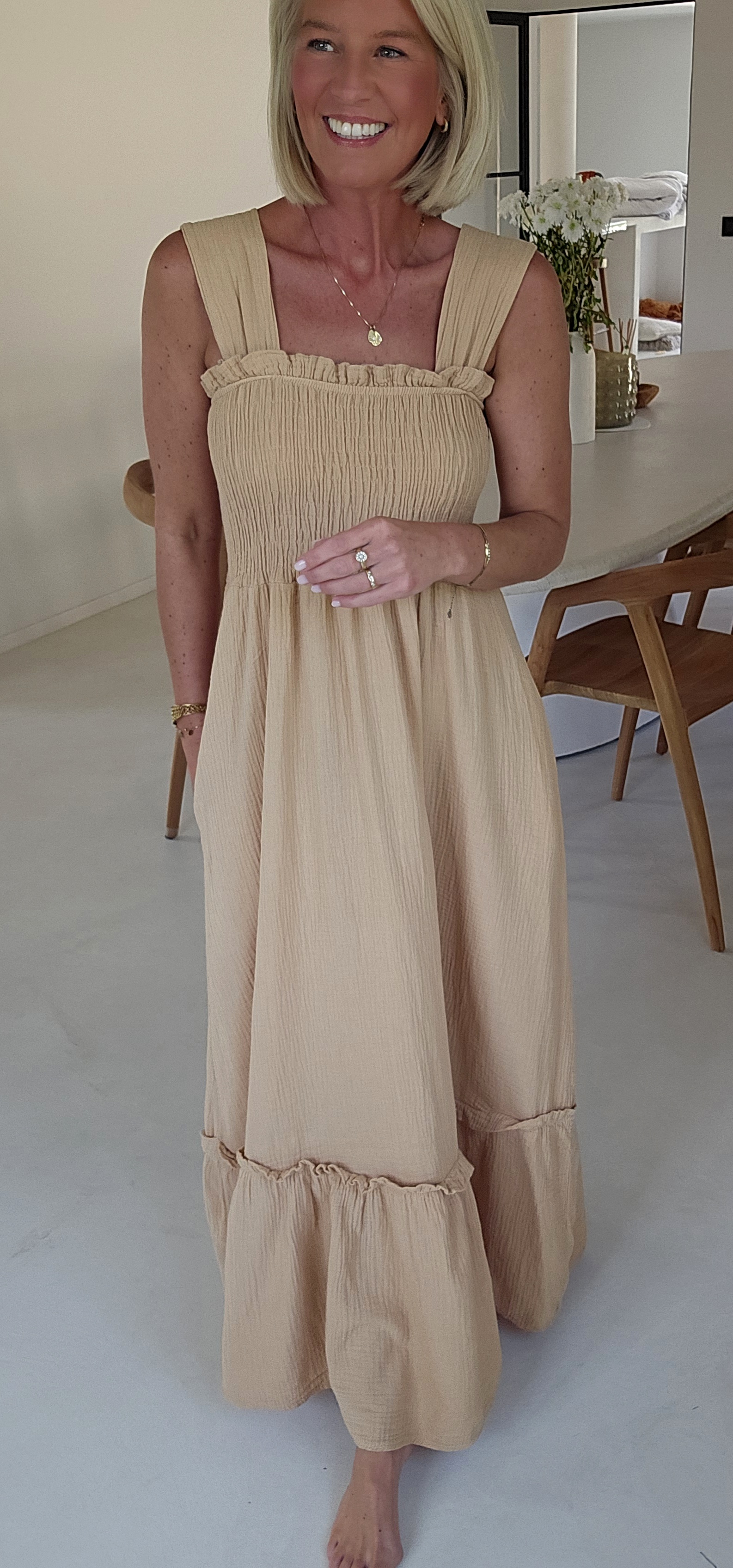 TONIA maxi tetra smock dress camel