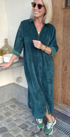 RHEA WINTER soft velvet maxi shirt dress forest green