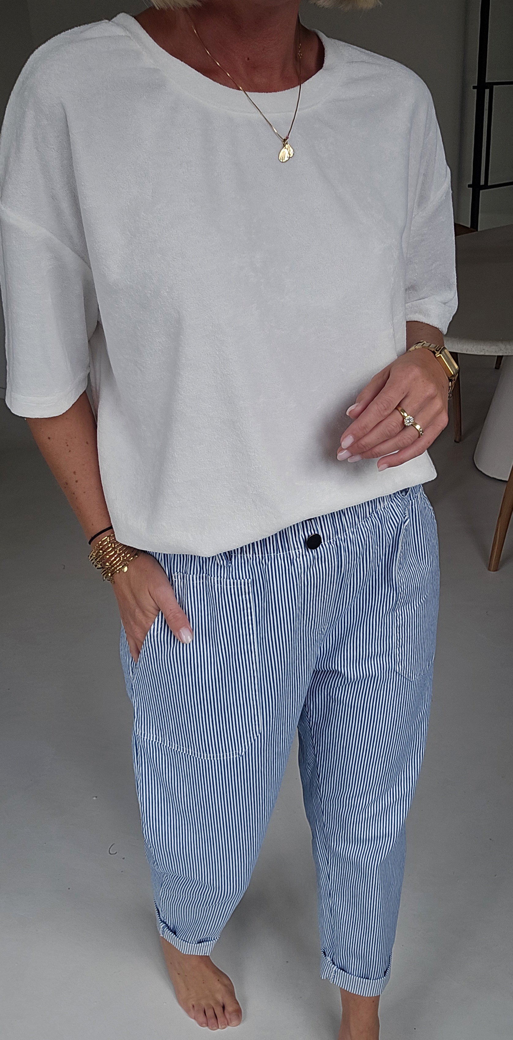 BEVIN cotton striped paperbag pants