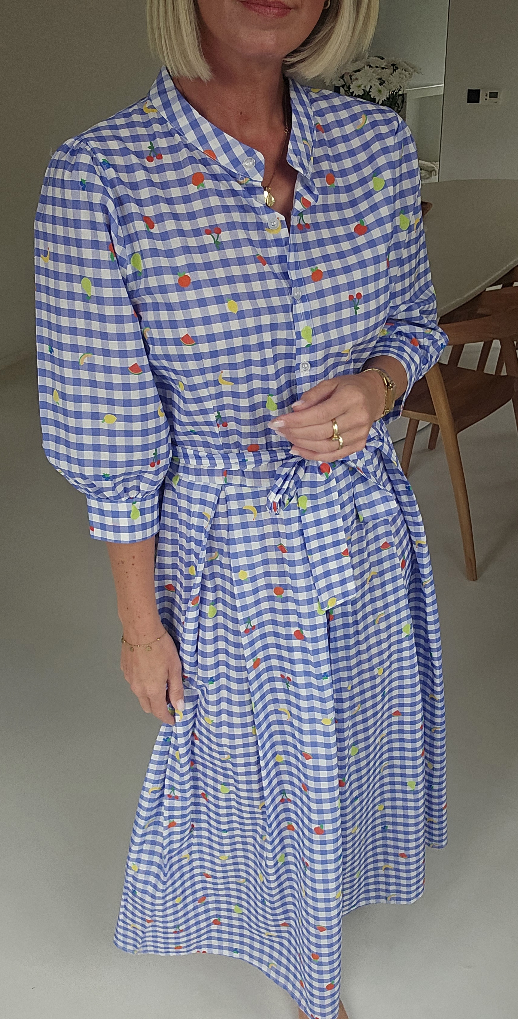 FLOWER maxi cotton dress checkered blue