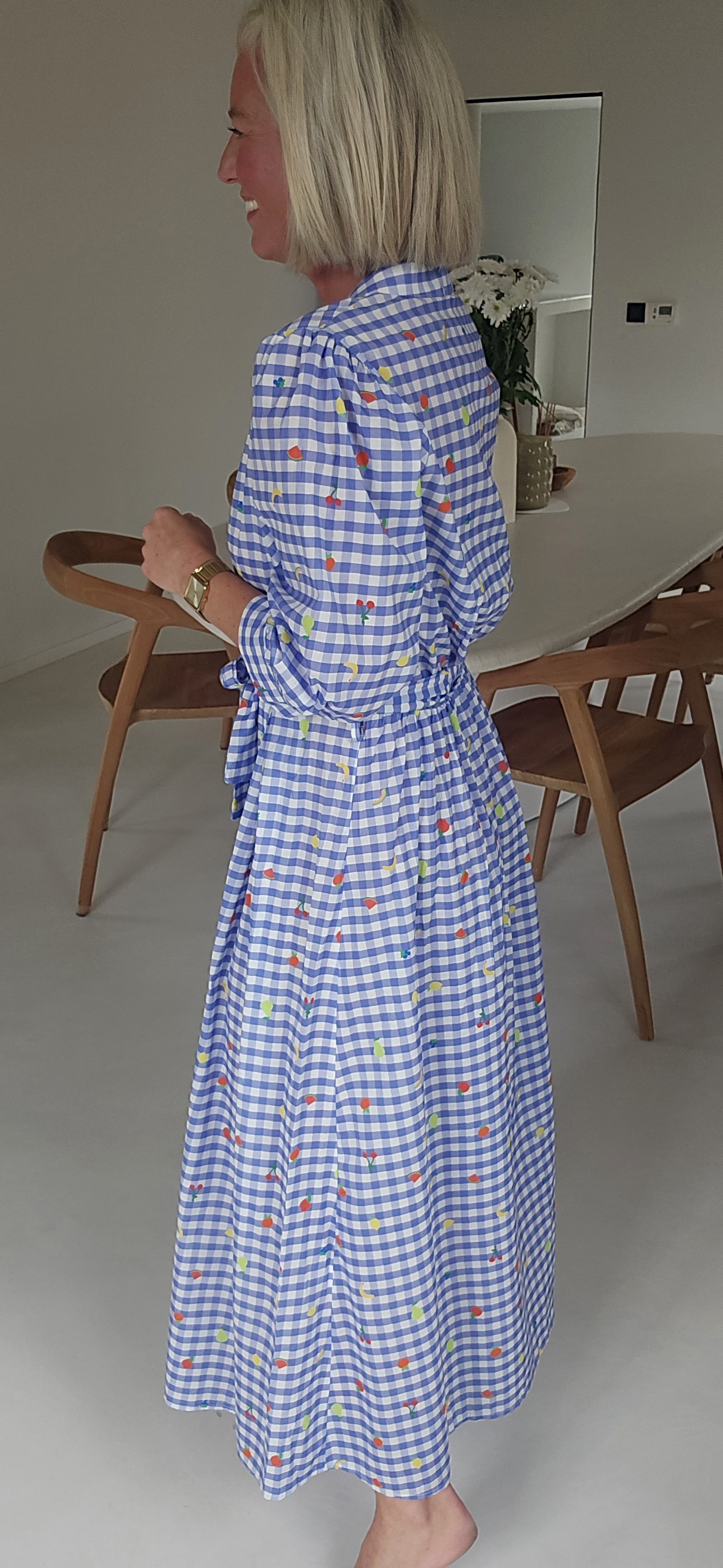 FLOWER maxi cotton dress checkered blue
