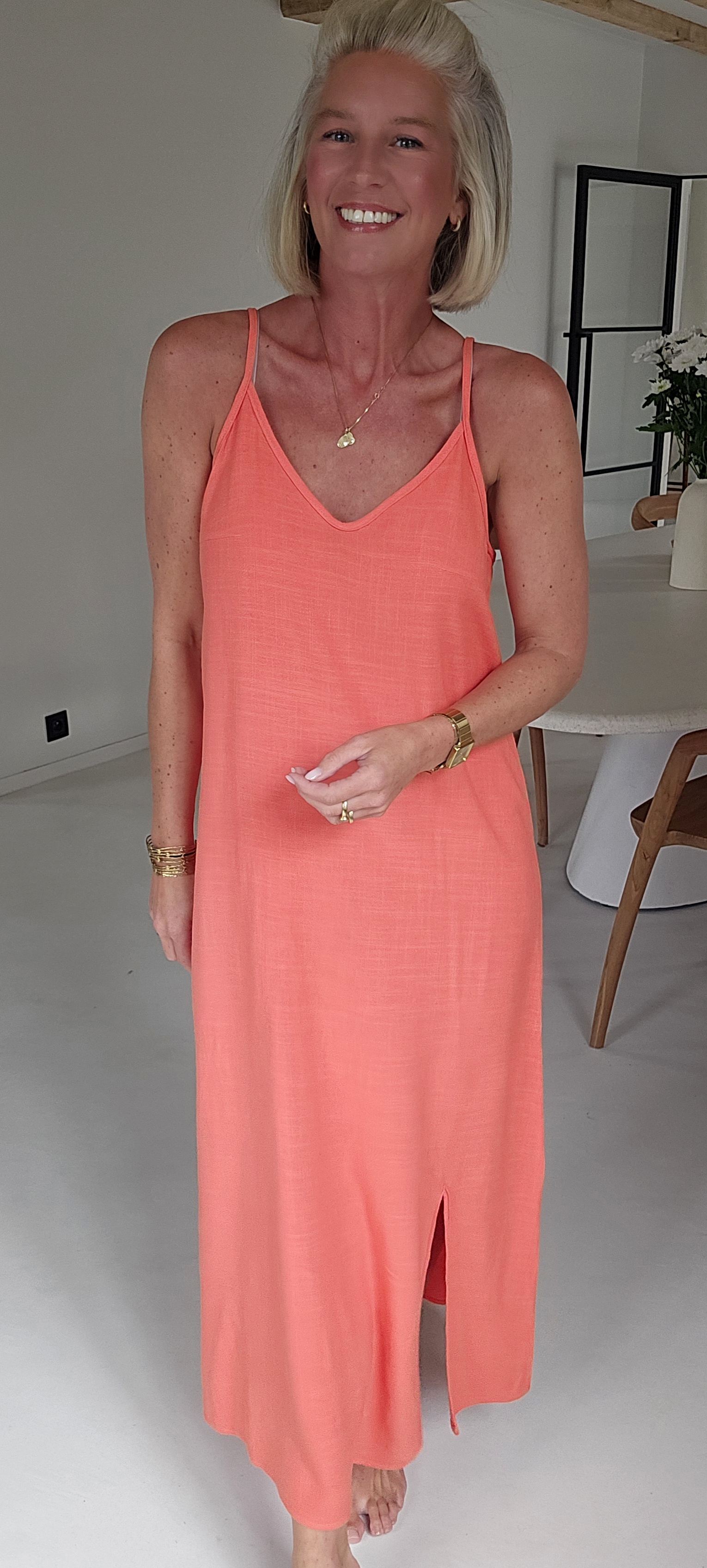 ROMINE maxi viscose linen dress coral