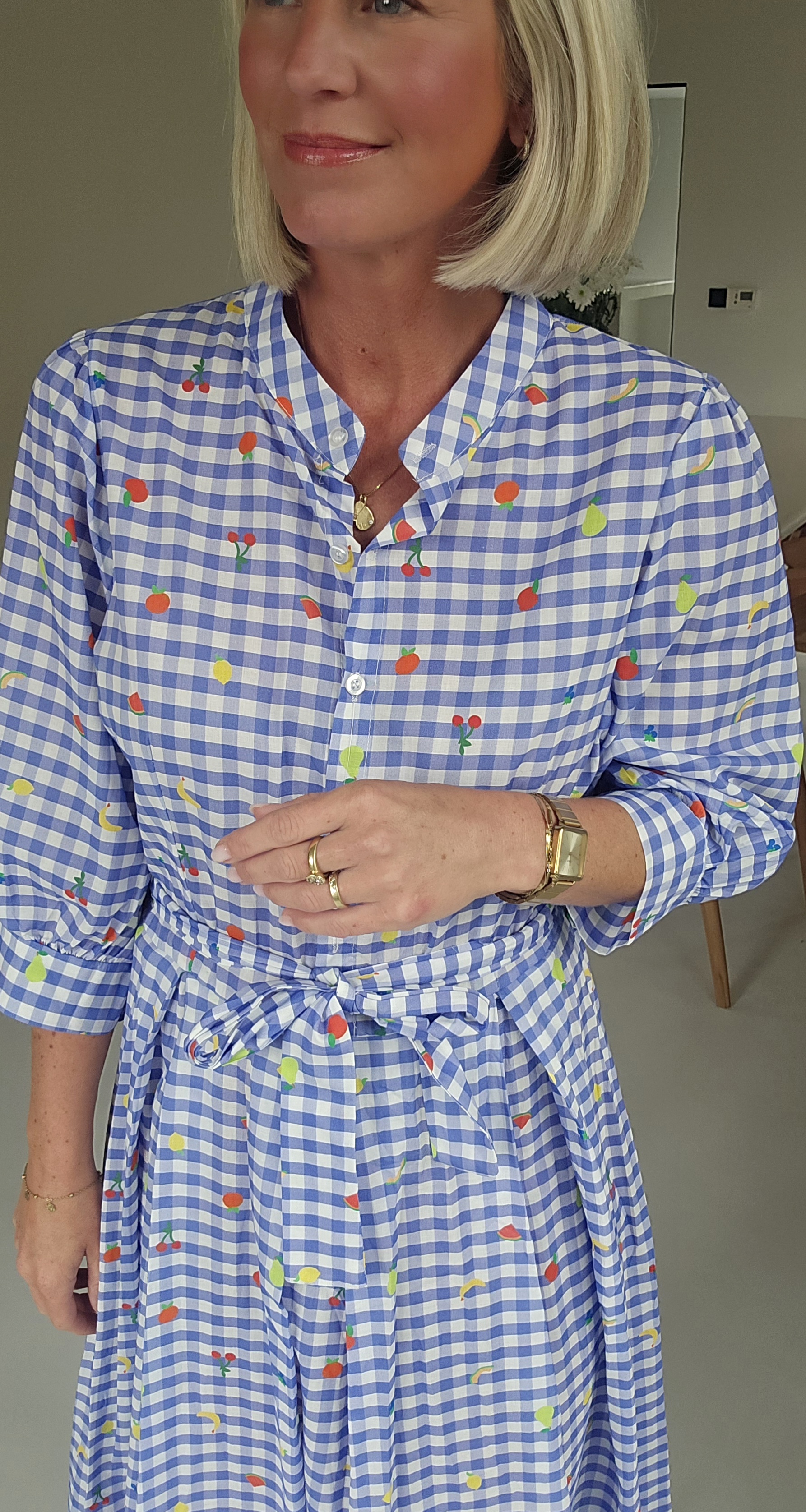 FLOWER maxi cotton dress checkered blue