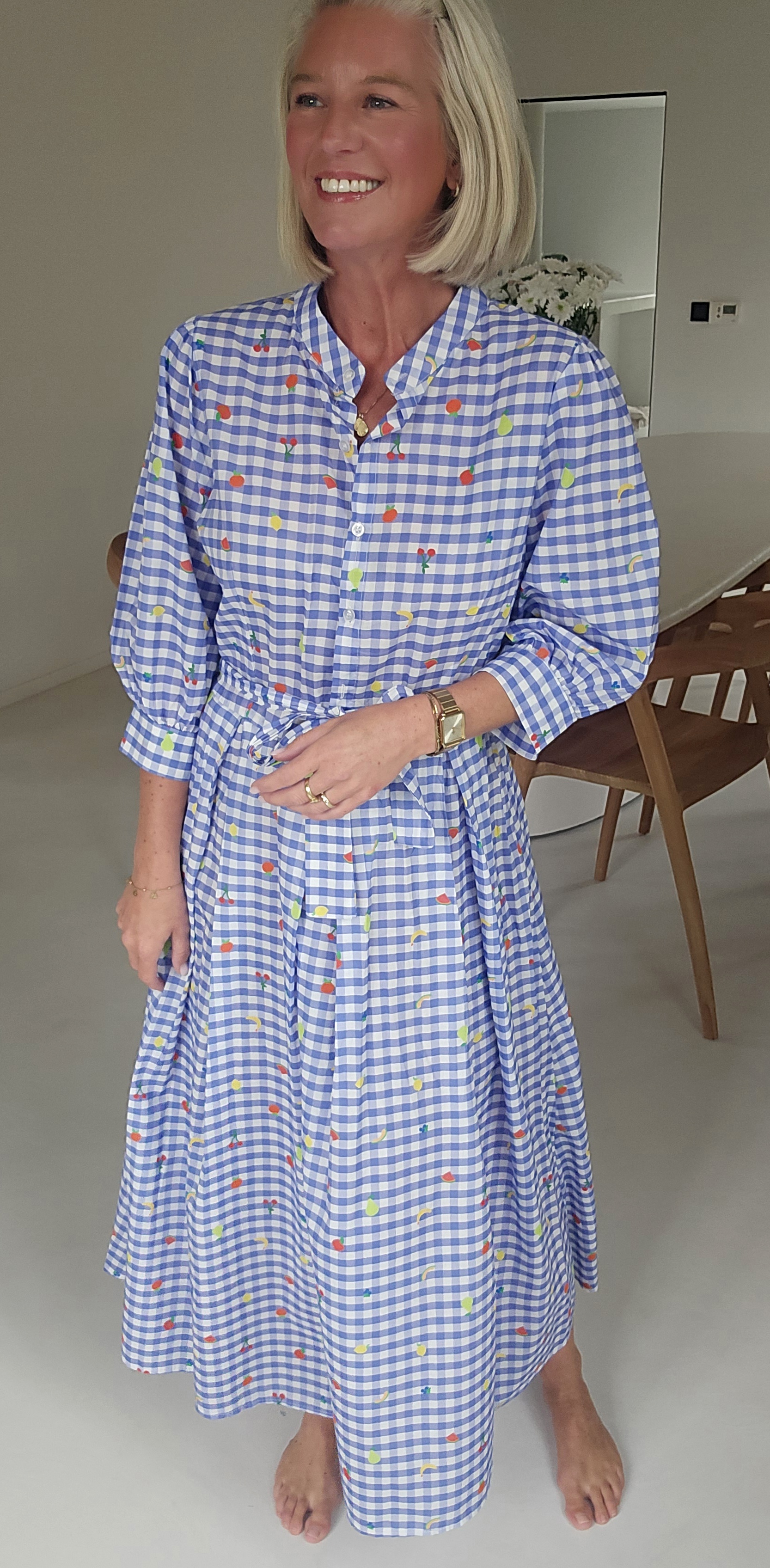 FLOWER maxi cotton dress checkered blue