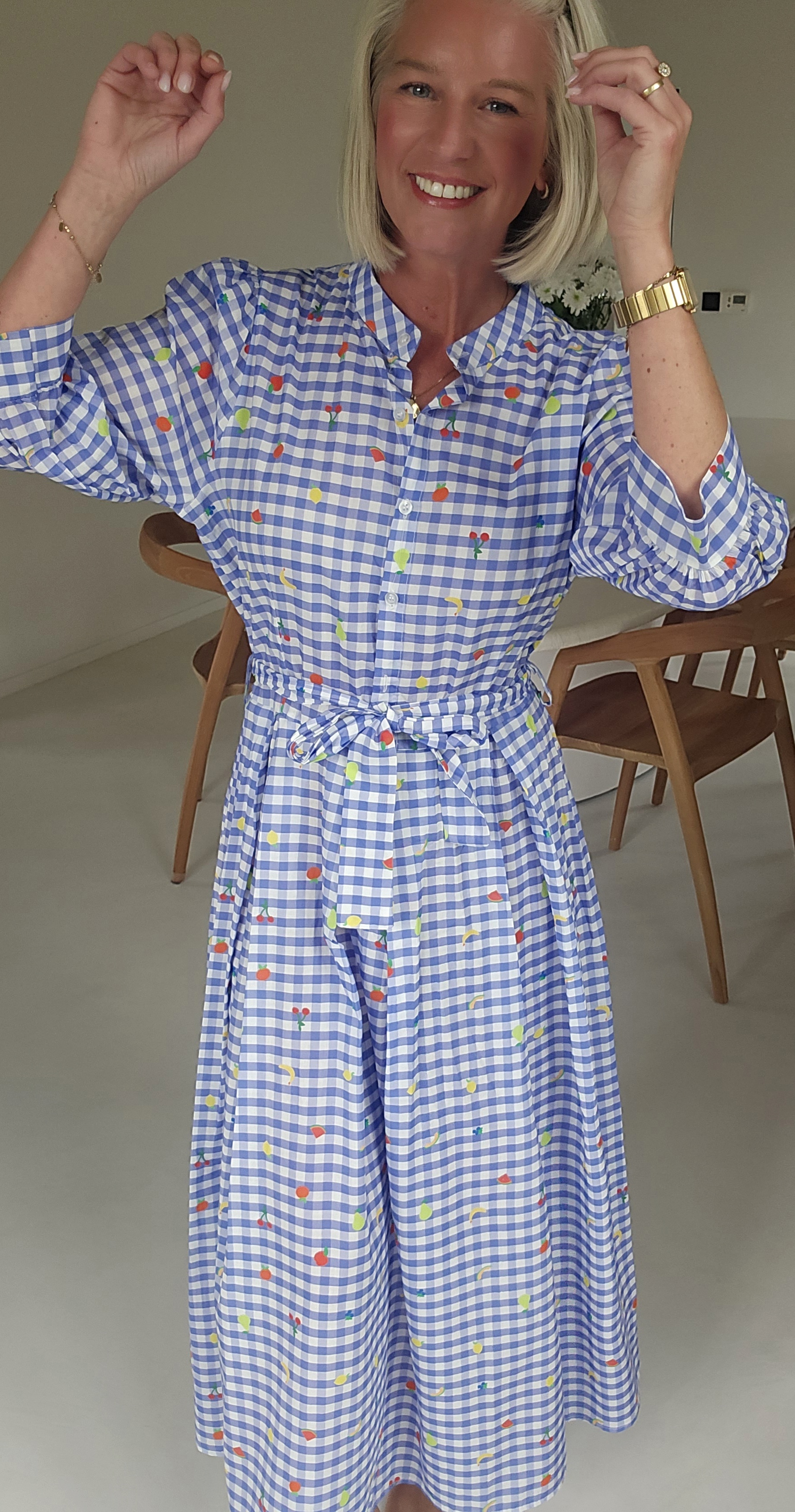 FLOWER maxi cotton dress checkered blue
