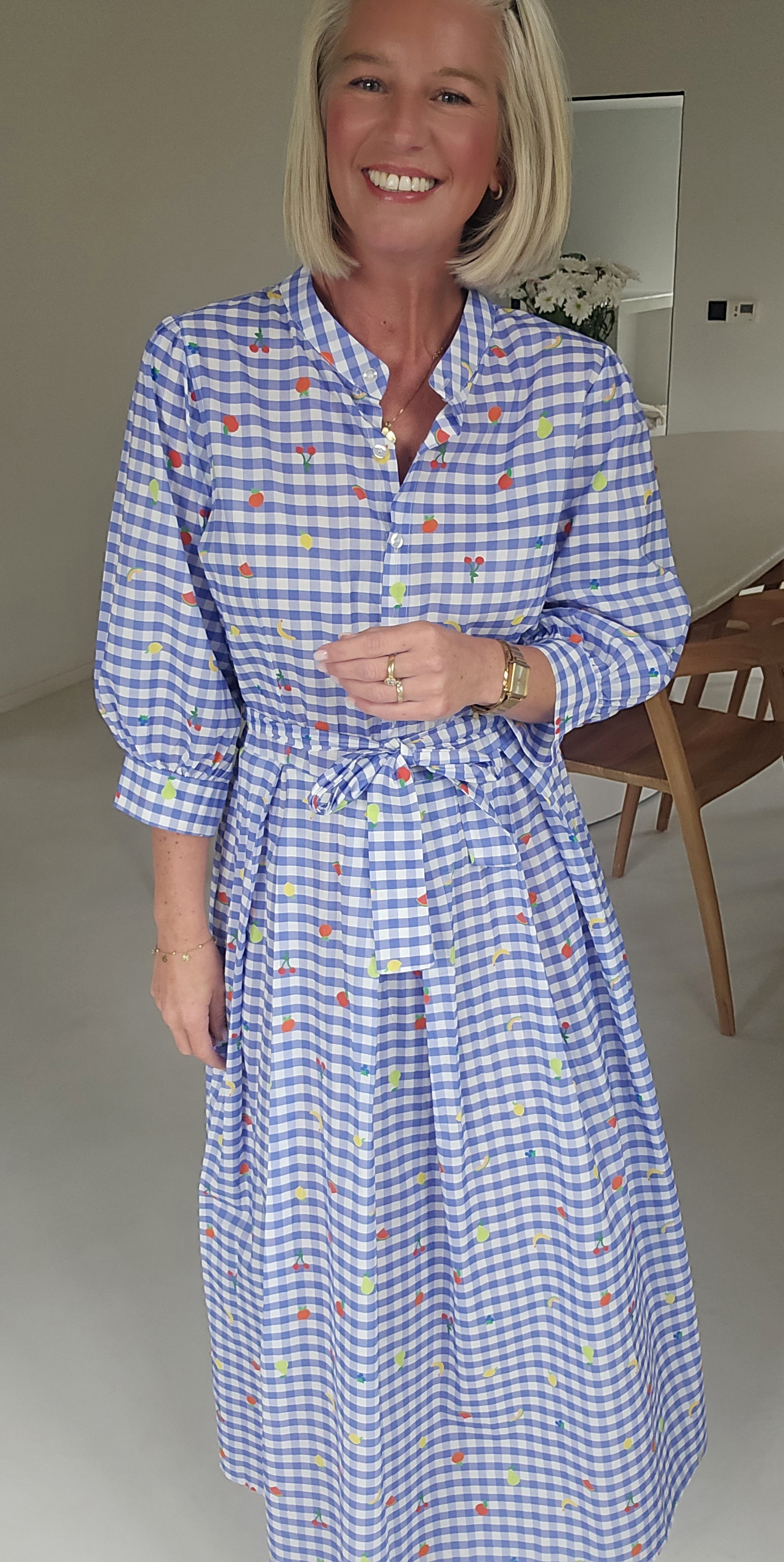 FLOWER maxi cotton dress checkered blue