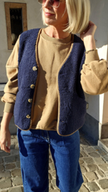 MELIA sleeveless teddy jacket navy and camel