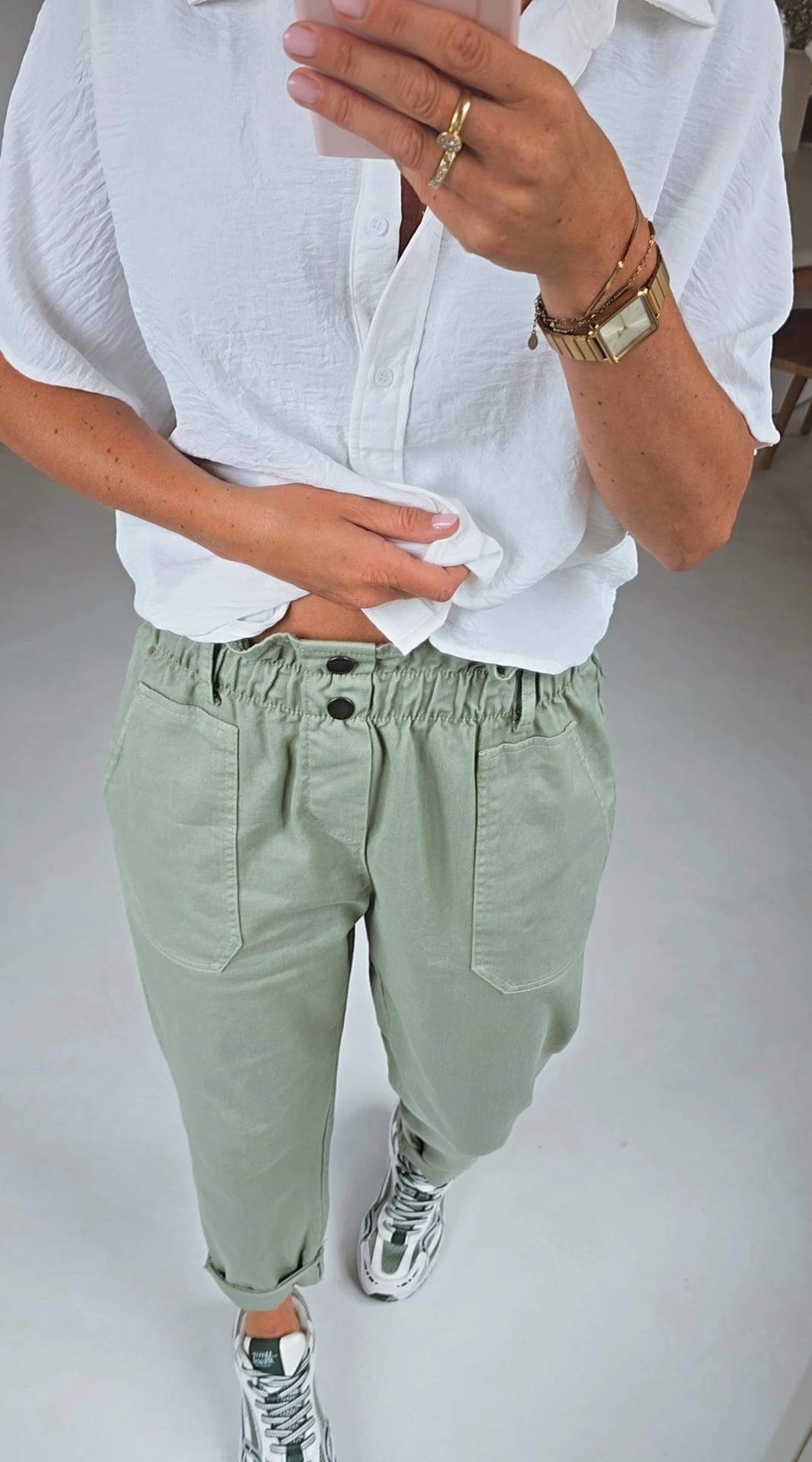 BEVIN cotton paperbag pants soft khaki