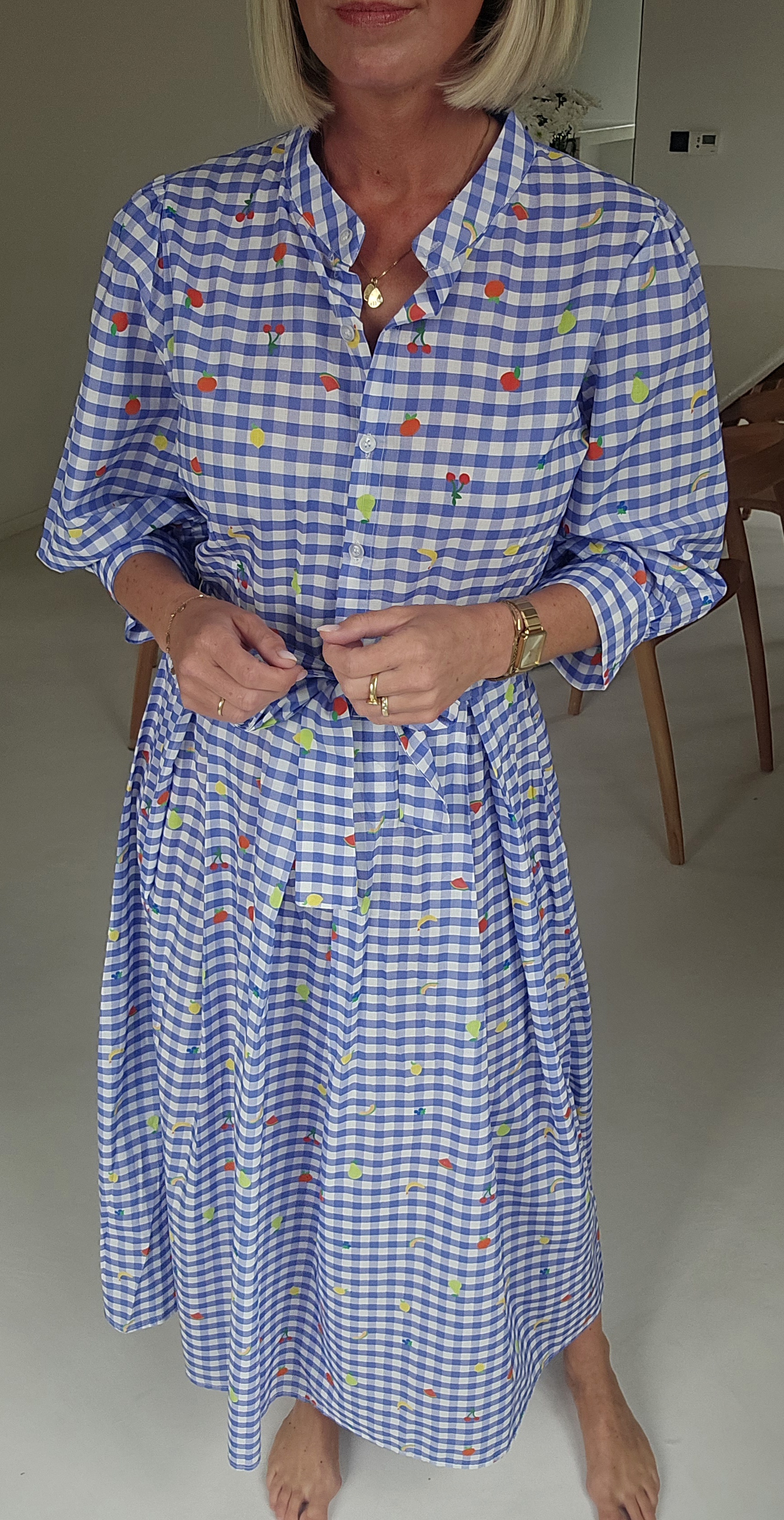FLOWER maxi cotton dress checkered blue