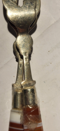 2x Zilver vleesvork en 1 zilver cake vork met agaat heften. 16 cm en20 cm.