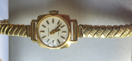 Antiek gouden dameshorloge met verende rekband en kast diameter  18mm