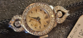 Vintage witgouden dames horloge met stoffen band met 24 diaman 2x briljant.