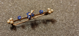 Mooie art nouveau broche met parel en blauw saffier  14 kr goud 4 cm.