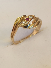 Geelgouden damesring 14krt. met robijn en zirconia, maat 18.5, 2.5 gram , 10mm breed