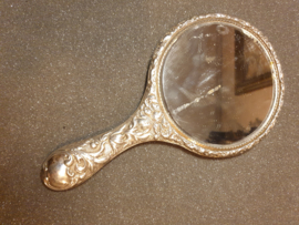 Mooie grote zilveren hand spiegel engels 1902 15 cm diameter 27 cm lang