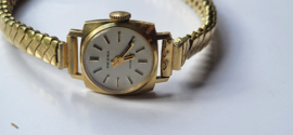 Antiek gouden dameshorloge met verende rekband en kast diameter  18mm