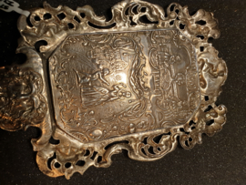 Mooie grote zilveren hand spiegel engels 1802  10 cm diameter 24 cm lang