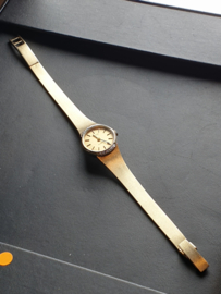 Goud 14 kr dames horloge met gouden Milanese merk Poniiac quartz