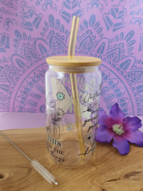 Drinkglas (blikvormige tumbler) met Bamboe deksel en rietje 'Just Breathe'