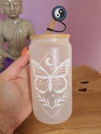 Drinkglas (blikvormige tumbler) met bamboe deksel en rietje 'Vlinder / Maan'