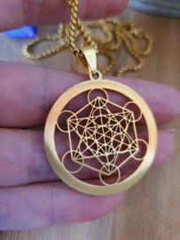 Metatron kubus hanger + ketting RVS Gold Zirkonia.