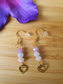 Lavendel Amethist, Aquamarijn en rozenkwarts facet geslepen oorbellen (set) RVS Gold