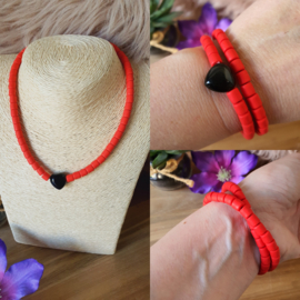 Elastische / rekbare rood (choker) ketting en armband 2 in 1 met Zwarte Obsidiaan hartje (nr 12)