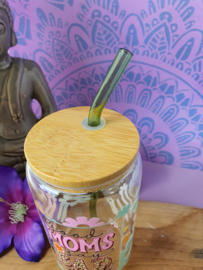 Drinkglas (blikvormige tumbler) met Bamboe deksel en rietje 'Good moms say Bad words'