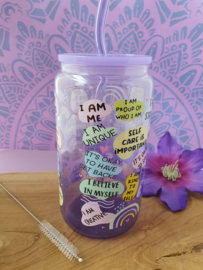 Drinkglas (blikvormige tumbler) met kunststof deksel en rietje 'A cup of Self Love'