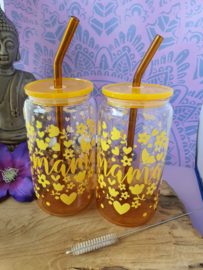 Drinkglas (blikvormige tumbler) met kunststof deksel en rietje 'Mama'