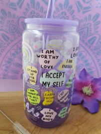 Drinkglas (blikvormige tumbler) met kunststof deksel en rietje 'A cup of Self Love'