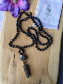 Edelstenen Mala Onyx met Edelsteenhanger Mexicaanse / Crazy Lace Agaat punt 'positive vibrations'