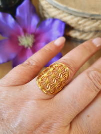 Ring Flower of Life / Levensbloem RVS Gold  verstelbaar (Model 1)