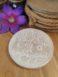 Seleniet plaat rond +/- 11,5 cm levensboom/Tree of life met zon en maan