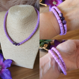 Elastische / rekbare paarse (choker) ketting en armband 2 in 1 sieraad met Amethist kralen (nr 17)