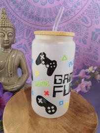 Drinkglas (blikvormige tumbler) met Bamboe deksel en rietje 'Gamer Fuel'