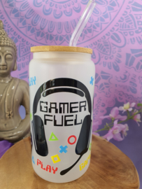 Drinkglas (blikvormige tumbler) met Bamboe deksel en rietje 'Gamer Fuel'