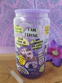 Drinkglas (blikvormige tumbler) met kunststof deksel en rietje 'A cup of Self Love'