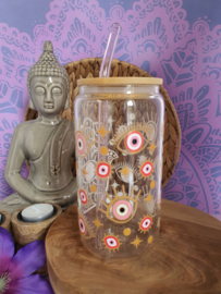 Drinkglas (blikvormige tumbler) met bamboe deksel en rietje 'Evil eye, Hamsa, Rood'