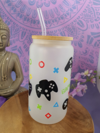 Drinkglas (blikvormige tumbler) met Bamboe deksel en rietje 'Gamer Fuel'