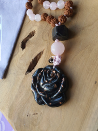 Edelstenen Mala 'Rose' met Orgonite hanger en Rudraksha kralen