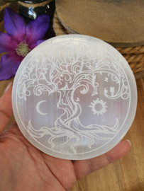 Seleniet plaat rond +/- 11,5 cm levensboom/Tree of life met zon en maan